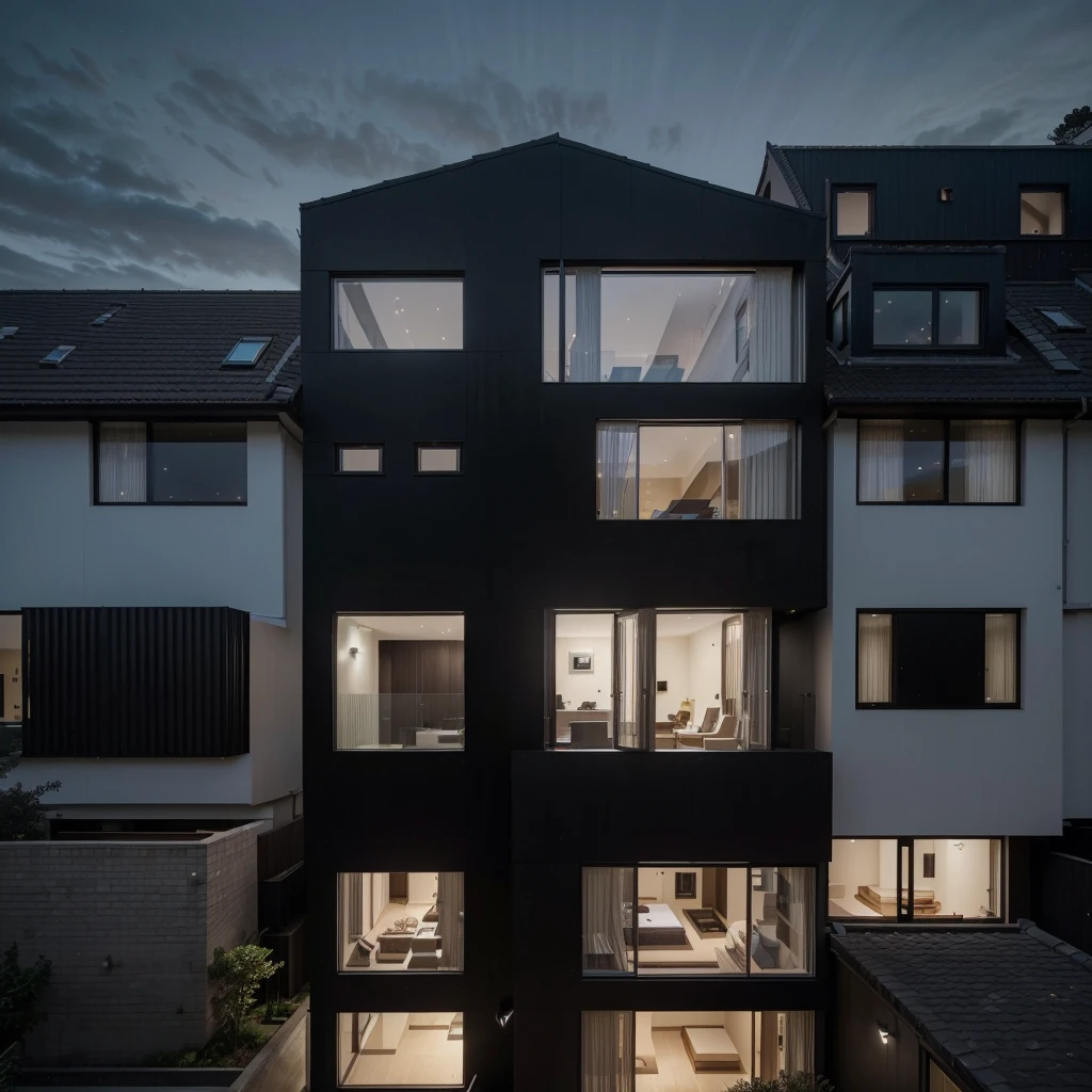 4 storeyed residential building, mordenhouse, house, glass house with a sloping roof, modern, dynamic (RAW photo, real, best quality, masterpiece:1.2), (hyper realistic, photo-realistic:1.2), high quality, (dark lighting:1.2), perfect lighting, archdaily, Perspective view of the whole building, sub-urban area