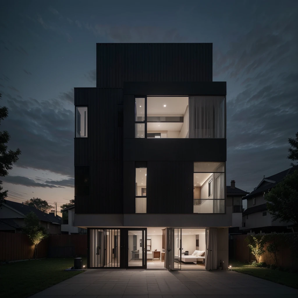 4 storeyed residential building, mordenhouse, house, glass house with a sloping roof, modern, dynamic (RAW photo, real, best quality, masterpiece:1.2), (hyper realistic, photo-realistic:1.2), high quality, (dark lighting:1.2), perfect lighting, archdaily, Perspective view of the whole building, sub-urban area