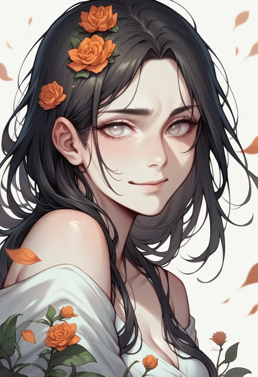 Girl with a gentle and sad smile, black like the night long hair (remove the orange from her hair) and completely white eyes