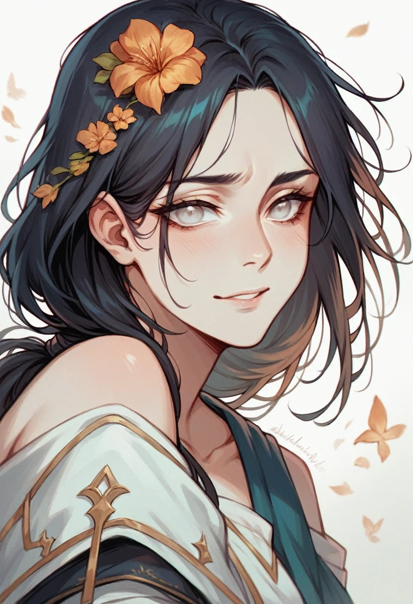 Girl with a gentle and sad smile, black like the night long hair (remove the orange from her hair) and completely white eyes