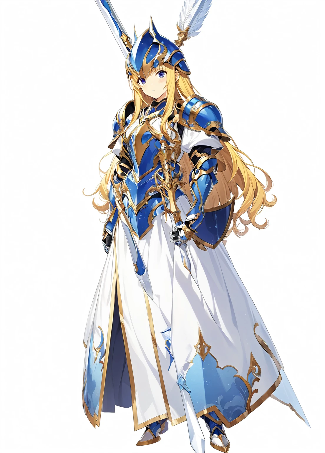 high quality, high resolution, high qualityのゲームアートスタイル, whole body,Valkyrie,perfect hand,Official Art, Smooth game CG art, Visual Novel Sprites, White background,Smooth game CG art, (((Woman with a long spear))),A woman wearing a white dress and blue armor, An intricately designed helmet with white feathers,Small shield, (((In his right hand he holds an elaborate long spear))),Exquisite Blue Armor,Golden Hair, long hair, female knight, Rin々Shii,Large Bust,20-year-old,