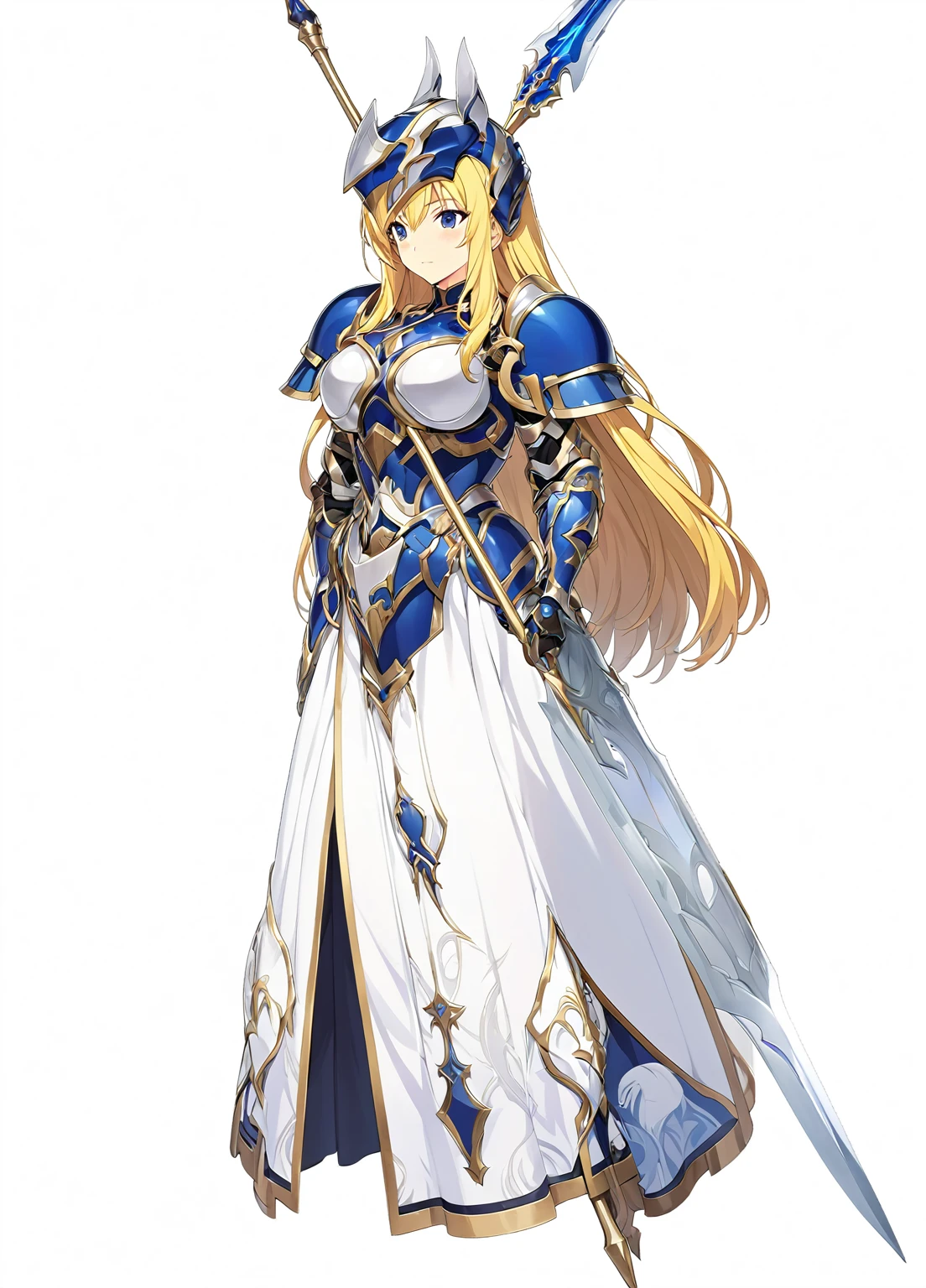 high quality, high resolution, high qualityのゲームアートスタイル, whole body,Valkyrie,perfect hand,Official Art, Smooth game CG art, Visual Novel Sprites, White background,Smooth game CG art, (((Woman with a long spear))),A woman wearing a white dress and blue armor, An intricately designed helmet with white feathers,Small shield, (((In his right hand he holds an elaborate long spear))),Exquisite Blue Armor,Golden Hair, long hair, female knight, Rin々Shii,Large Bust,20-year-old,