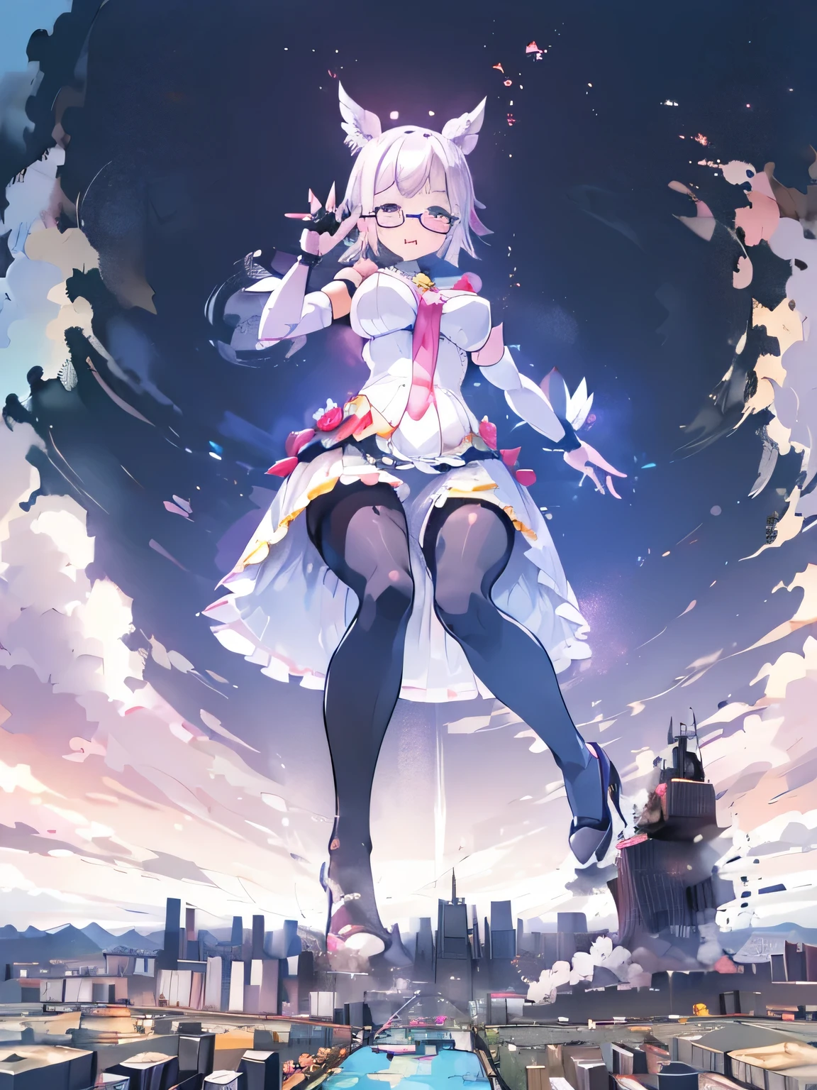 multiple girls, giantess art, highly detailed giantess shots, giantess, most detailed, perfect face, Two legs, Five fingers, A beautiful girl who is bigger than a skyscraper, Wearing rimless glasses, smile, huge breasts, blue base magical girl dress, bow, magical girl, holding a magical wand, black pantyhose, blue stiletto heels, thunderbolt from a magical wand, Destroying cities, Under heavy attack, A very small big city, Miniature metropolis, Full body description, GTS, giga giantess, stomping city, crash city, tiny city, micro city, pantyhose feet, High resolution, highest quality, masterpiece, 