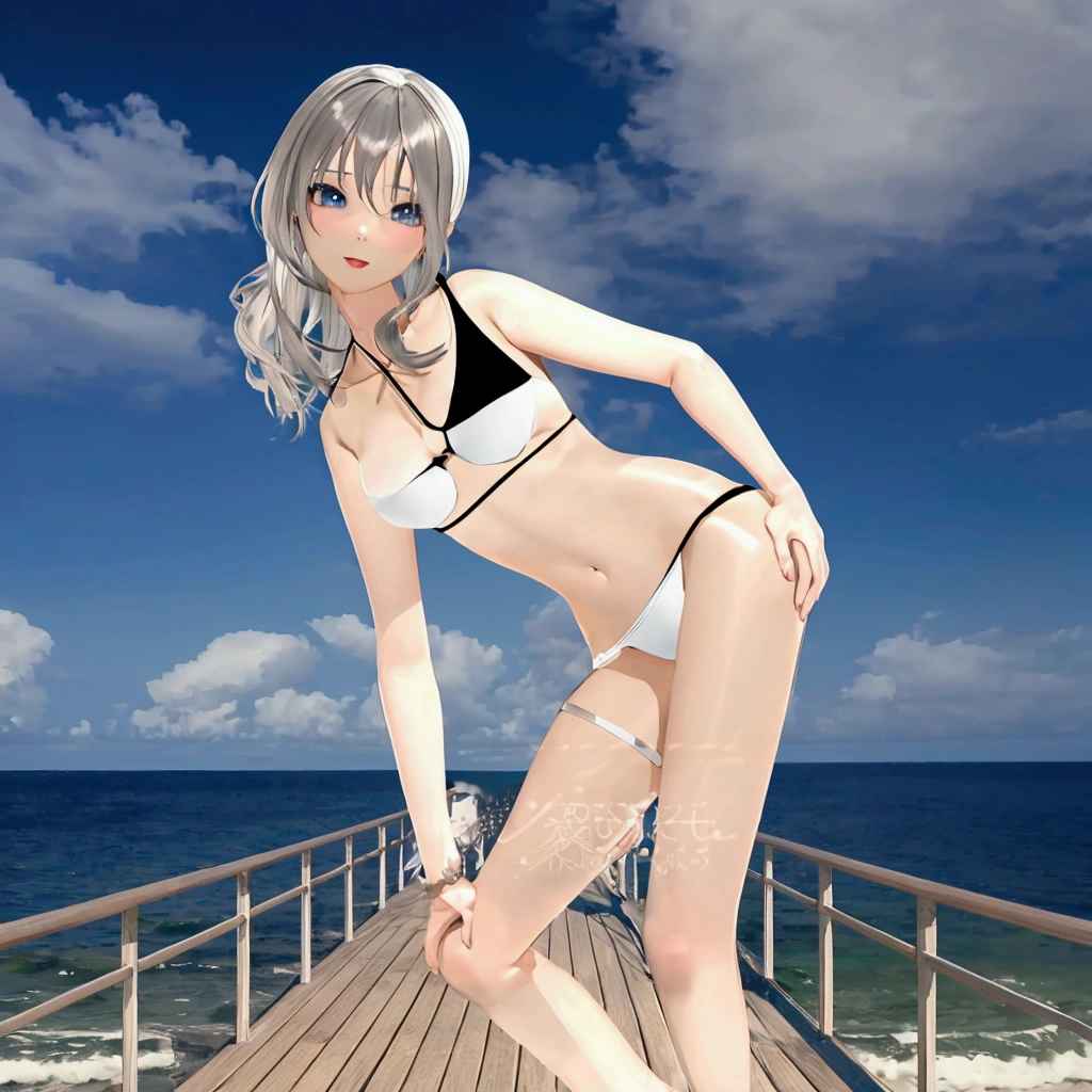 anime girl in a bikini on a pier by the ocean, realistic bikini, clothing: bikini, 3d anime girl, render of a cute 3d anime girl, Smooth anime CG art, Pause, , フルPause, Live2D Virtual Youtuber Model, in the sea, Wearing a swimsuit, 淫らなPause, ビーチでPauseをとる