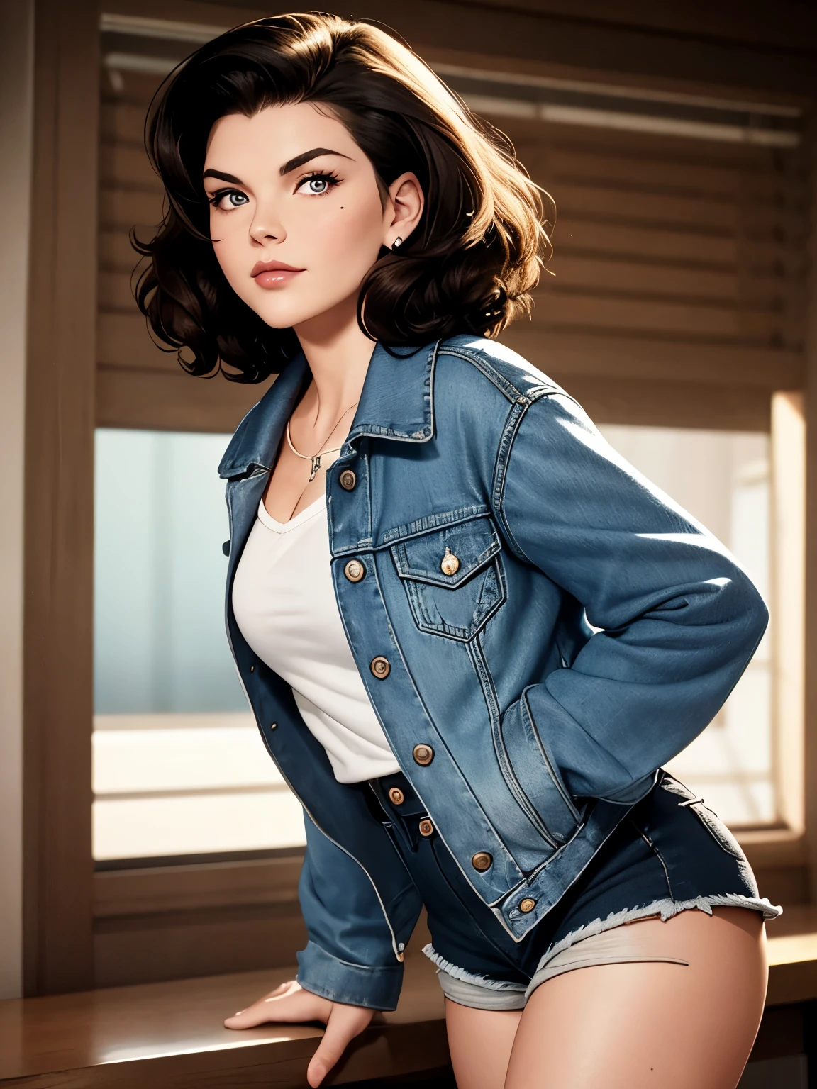 Audrey Horne (Sherilyn Fenn) from the 1990 Twin Peaks series, thick and bouffant hair, denim shorts, denim loose jacket, blue eye, small mole opposite left eye, 90's, mole under eye, light smile, closed mouth, brown hair, hair behind ear, short hair, hair one side up, big hair, expressive hair, bob cut, hair spread out, floating hair, bokeh, UHD, best quality