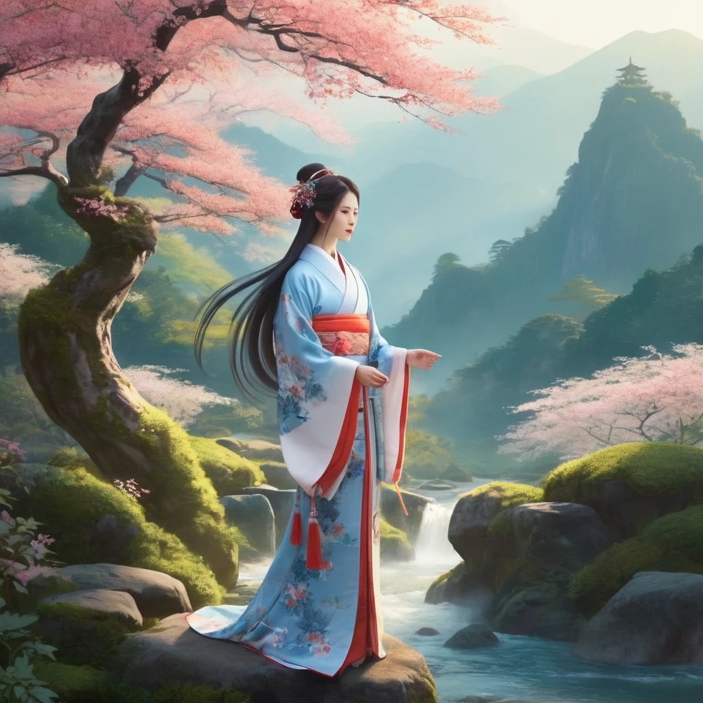 Generate highly detailed and captivating images of Yamahime, the mountain spirit from Japanese folklore. Yamahime is depicted as a beautiful woman, dressed in traditional Japanese clothing, with her long flowing hair adorned with flowers and leaves. Set the scene in a lush mystical mountain landscape with towering trees, blooming flowers, and quietly flowing streams. The atmosphere is serene and magical, with soft sunlight filtering through the trees and a thin layer of mist adding to the dreamy atmosphere. Yamahime's expression is gentle and friendly, embodying the spirit of nature and the mountains. The overall atmosphere is peaceful and otherworldly, capturing the enchanting essence of Yamahime.