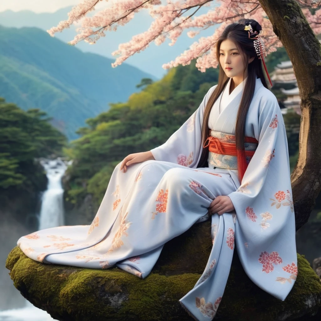 Generate highly detailed and captivating images of Yamahime, the mountain spirit from Japanese folklore. Yamahime is depicted as a beautiful woman, dressed in traditional Japanese clothing, with her long flowing hair adorned with flowers and leaves. Set the scene in a lush mystical mountain landscape with towering trees, blooming flowers, and quietly flowing streams. The atmosphere is serene and magical, with soft sunlight filtering through the trees and a thin layer of mist adding to the dreamy atmosphere. Yamahime's expression is gentle and friendly, embodying the spirit of nature and the mountains. The overall atmosphere is peaceful and otherworldly, capturing the enchanting essence of Yamahime.