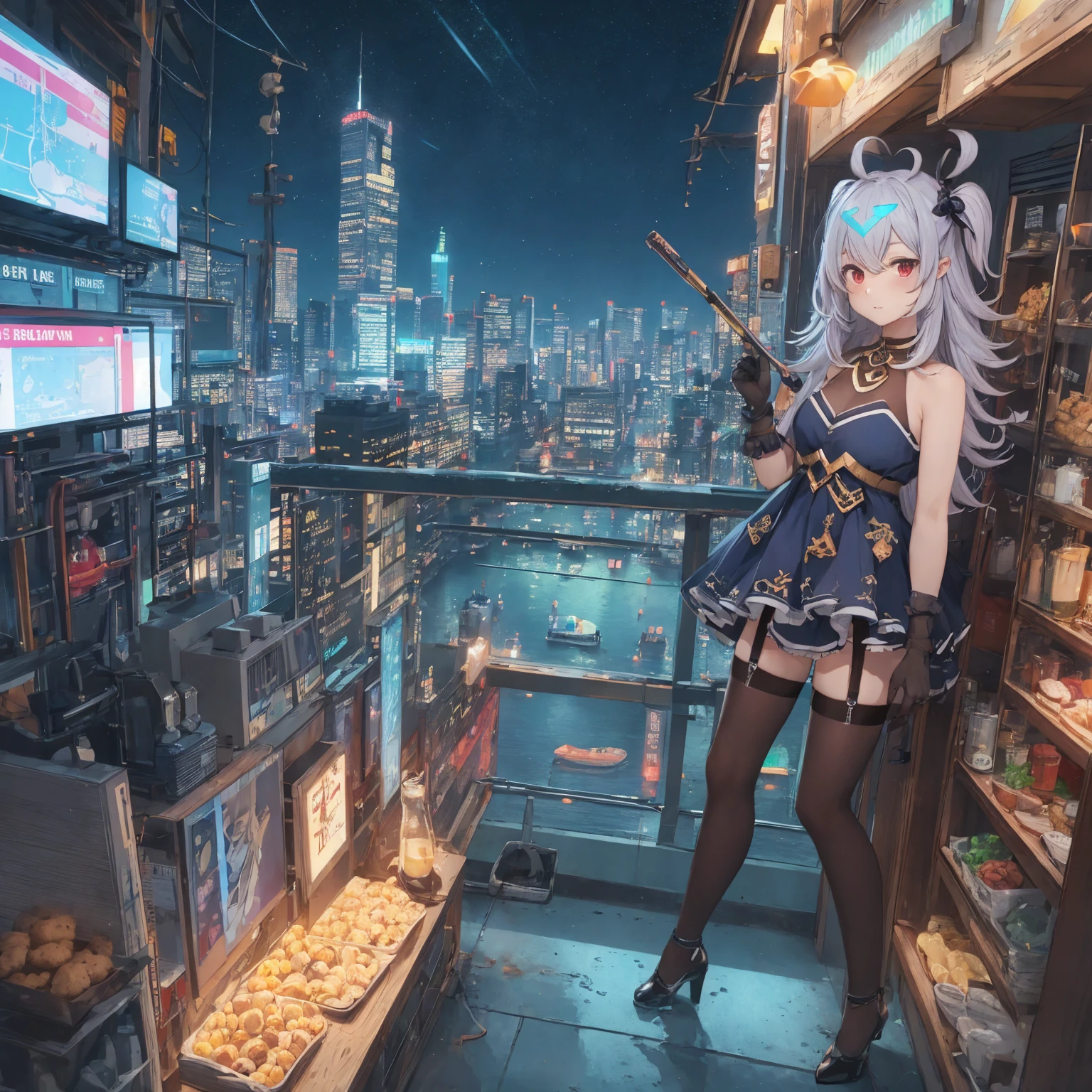 masterpiece, best quality, highres BREAK
dsdili, red eyes, long hair, two side up, hair ornament, pointy ears, ahoge, small breasts, blue dress, thighhighs, pantyhose, garter straps, gloves, 1girl, solo BREAK
cityscape, neon lights, lake, night, night sky, staring at the city, colorful city, holding chocolate donut