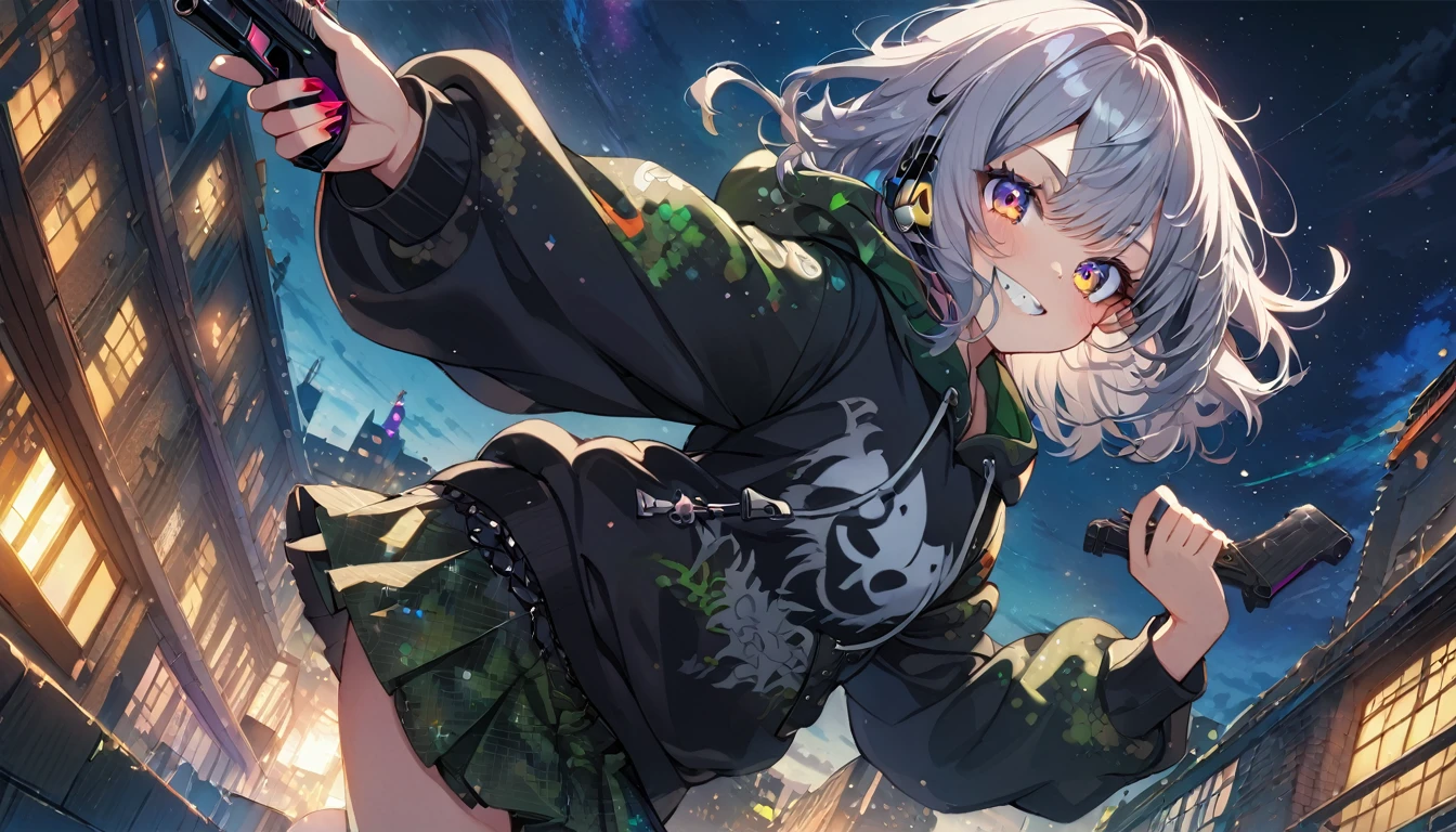 ((Masterpiece)), ((best quality)), (Anime:1.3), (super detail:1.2), (High Definition:1.3), (Professional Photography:1.3), cute young Girl, Glossy unruly hair, (loose swept bangs), (silver ash hair), medium hair, big eyes, (Eye bags:1.3), (Long eyelashes), colorful eyes, (holding handgun:1.3), (jumping), Glossy lips, (jagged teeth), (evil smile and blush), ((Camouflage hoodie with oversized)), mini skirt, (upper body:1.3), wind, barearms, cute, (colorful:1.3), gothic makeup, starry night, (wearing headphone), pretty, Celtic, maniac, (at the roof of the building), (dutch angle:1.3),