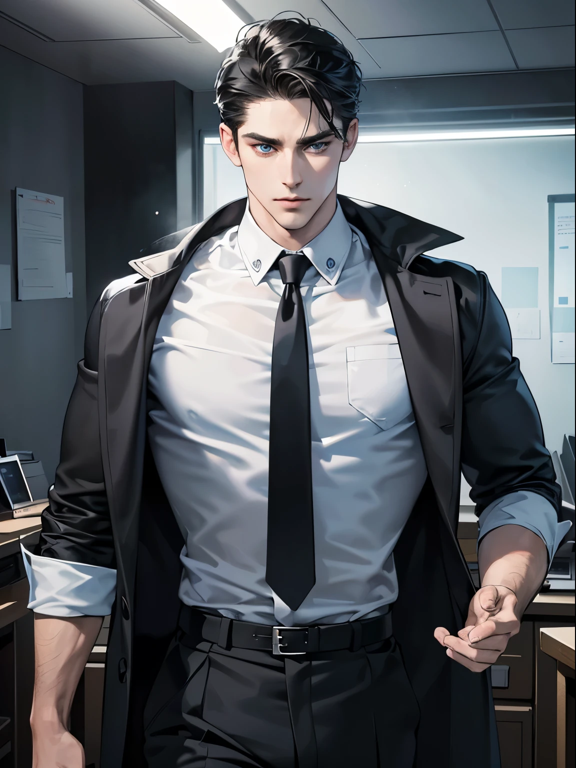 (best quality, masterpiece, 8K, photorealistic, cinematic lighting, hdr image, ultra detailed, beautiful image), 1 man, 31 years old, mature man, very handsome, (without expression, serious), short black hair, blue eyes ( penetrating gaze), imposing posture, businessman, office background