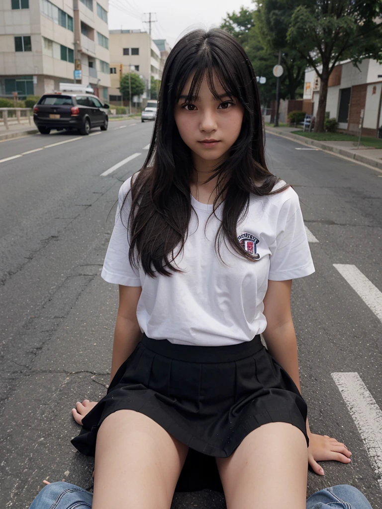 (8K),(masterpiece),(Japanese),(8--old l),((Innocent look)),((Childish)),from the front,Cute T-shirts,Checkered red short skirt,(Carrying a red backpack),Sit on the ground,Serious face,,Innocent,Kind eyes,Straight hair,Hair blowing in the wind,Black Hair,Somewhat strong wind,noon,bright、skirt lift、