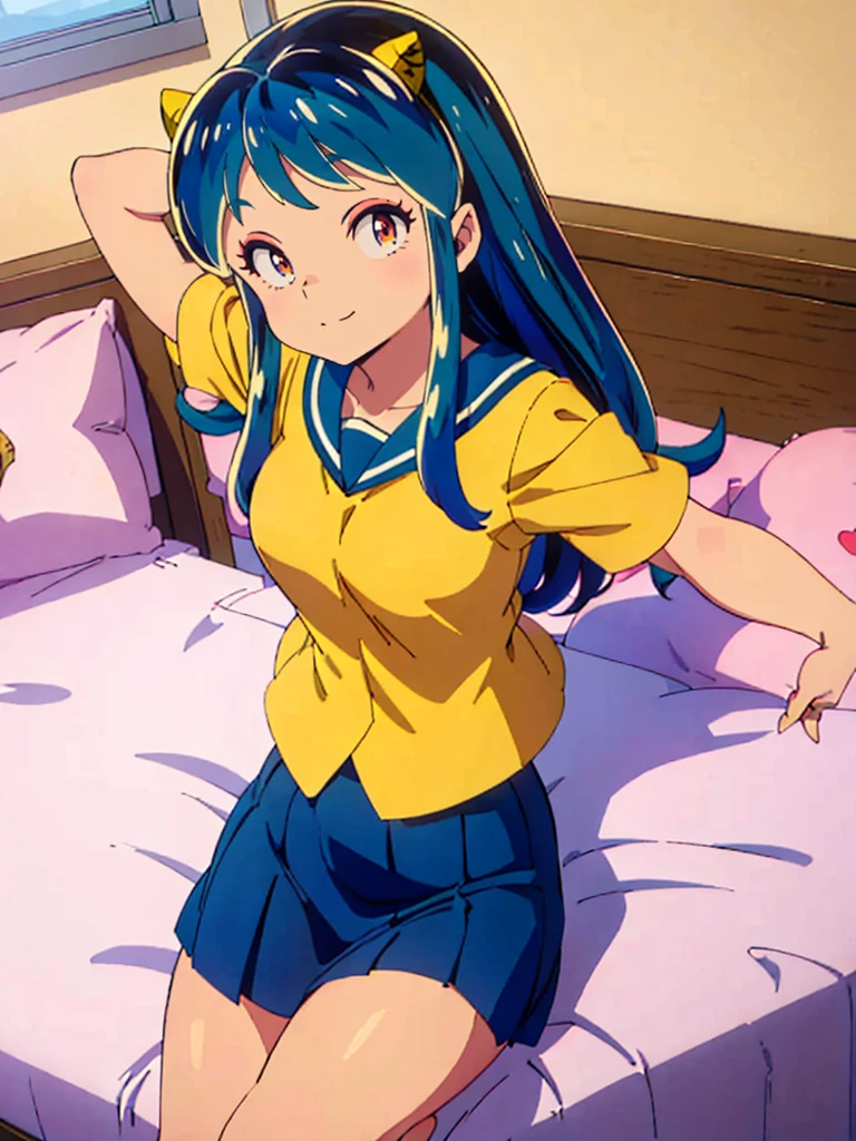 (masterpiece、Highest quality)、1 Girl、Lum, Sailor suit, Navy Blue Skirt, blush、Smile, Lying in bed、From above、With open arms, Mature, High definition