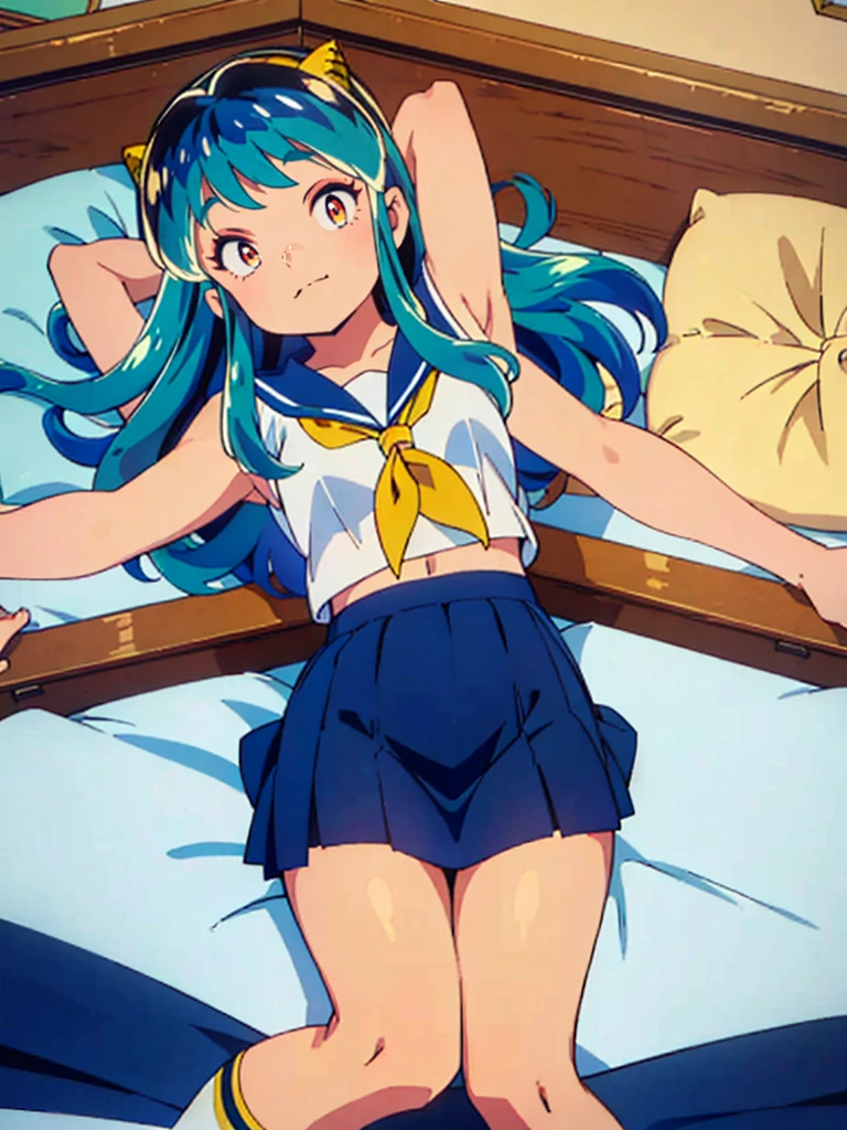 (masterpiece、Highest quality)、1 Girl、Lum, Sailor suit, Navy Blue Skirt, blush、Smile, Lying in bed、From above、With open arms, Mature, High definition