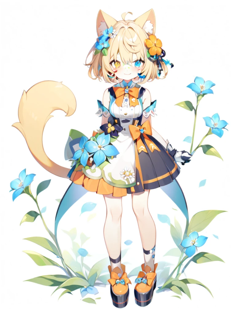 1girl, :3, animal ears, blonde hair, blue eyes, bow, bowtie,, closed mouth, facial mark, fang, flower, full body, gloves, green eyes, hair flower, hair ornament, heterochromia, orange bow, short hair, solo, standing, tail, virtual youtuber, white background, yellow eyes