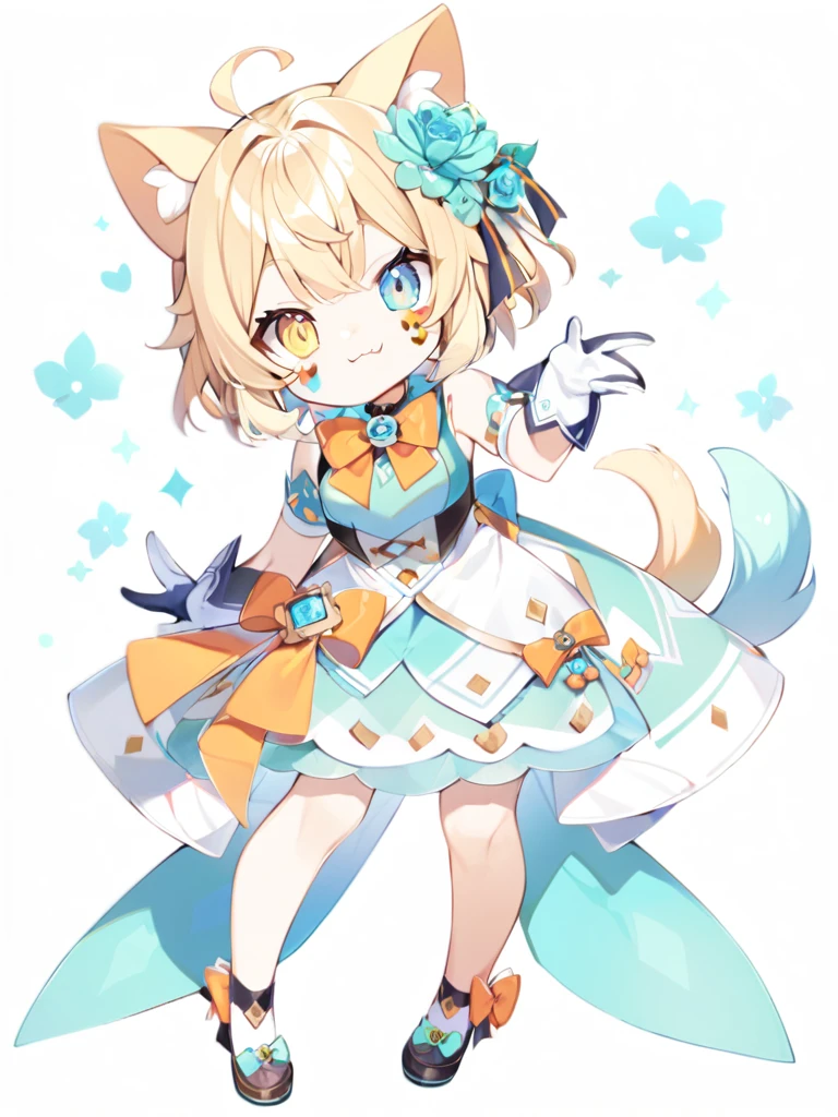 1girl, :3, animal ears, blonde hair, blue eyes, bow, bowtie,, closed mouth, facial mark, fang, flower, full body, gloves, green eyes, hair flower, hair ornament, heterochromia, orange bow, short hair, solo, standing, tail, virtual youtuber, white background, yellow eyes