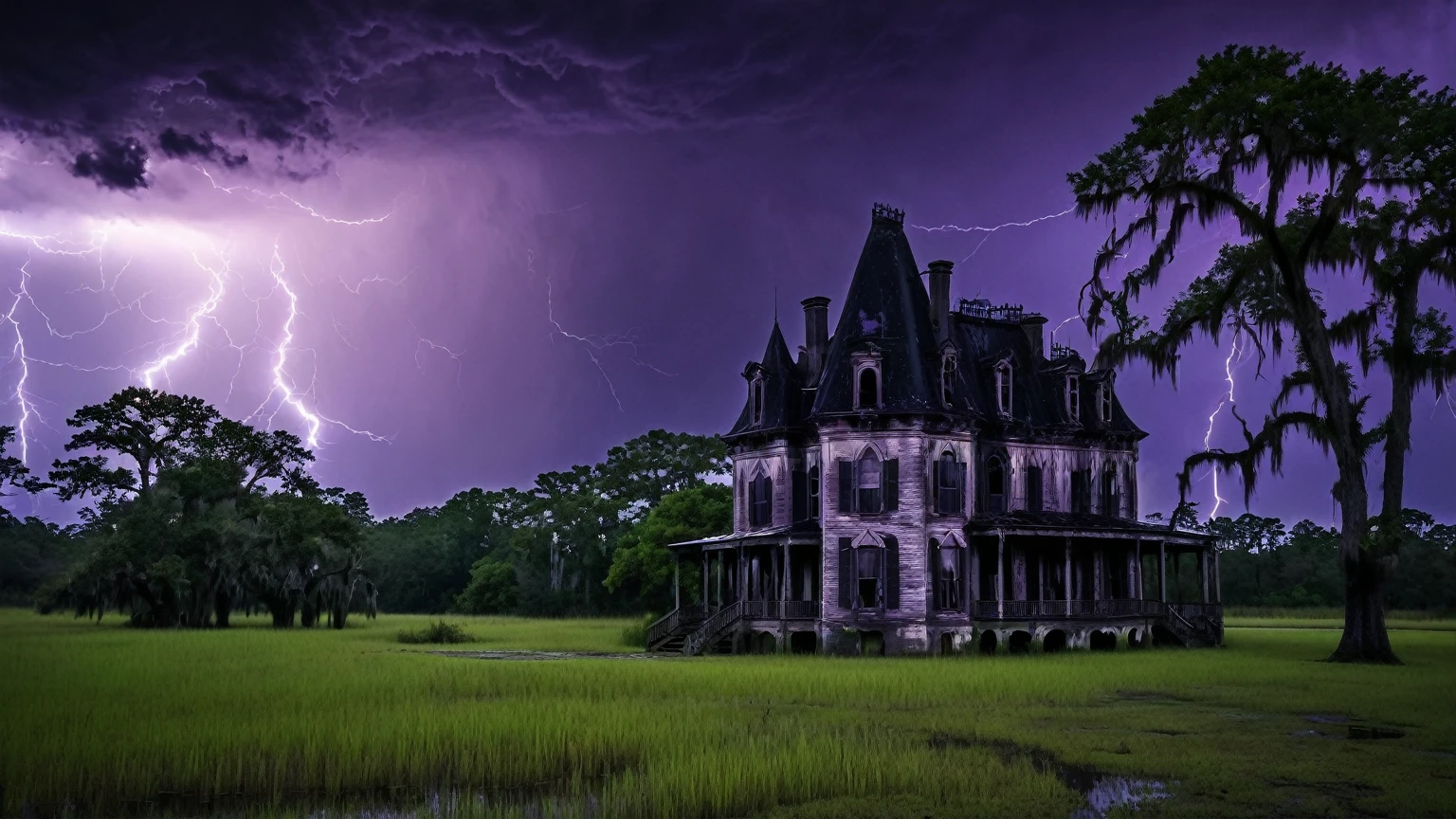 darkest atmosphere, dark purple & black storm clouds during the night, darkness, lightning, a old creepy 19th century black chateau with a octagonal turret façade, near by a swamp graveyard with bald cypress trees & marshes, Louisiana swamp, haunted house, scary, background