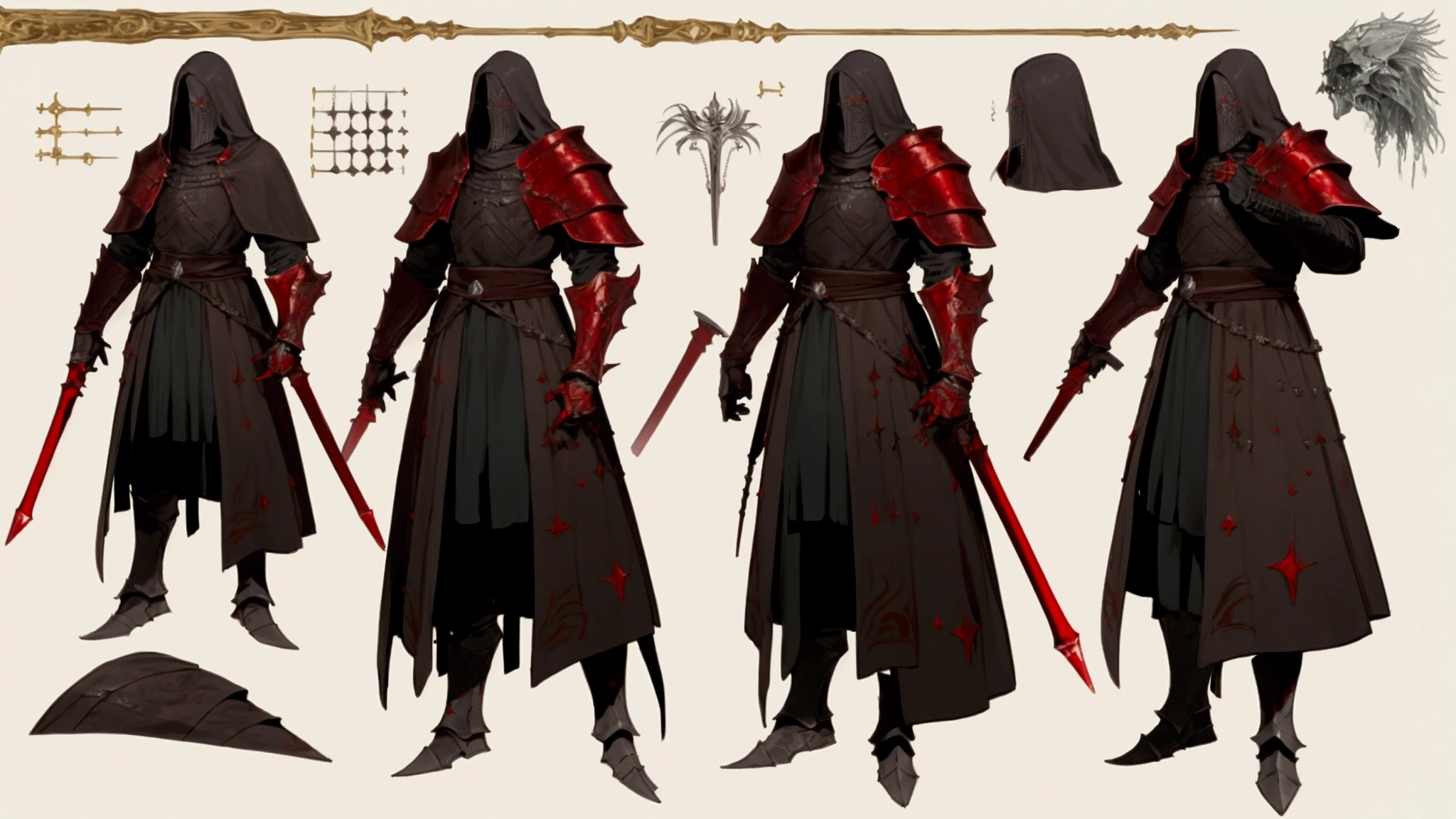 elden ring, dark souls, concept art sheet, items, weapons: A starved king who wields steam wears red armor and adorns a mask to cover his face