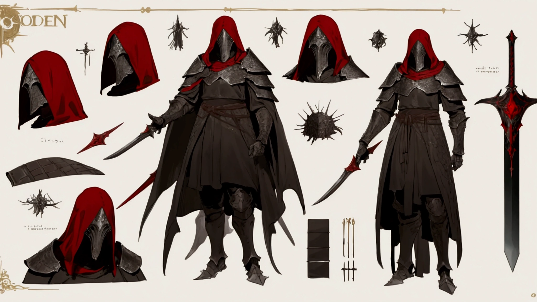 elden ring, dark souls, concept art sheet, items, weapons: A starved king who wields steam wears red armor and adorns a mask to cover his face