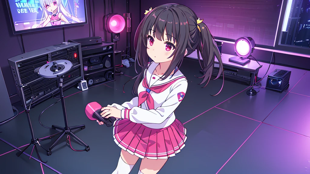 beautiful girl incredible quality 4k vtuber with red eyes black hair with pink ribbon short pleated skirt sailor style blouse long sleeve white long stockings pink tennis shoes with black vtuber youtuber in recording studio room pc gamer background with microphone and rgb cyberpunk LED lights