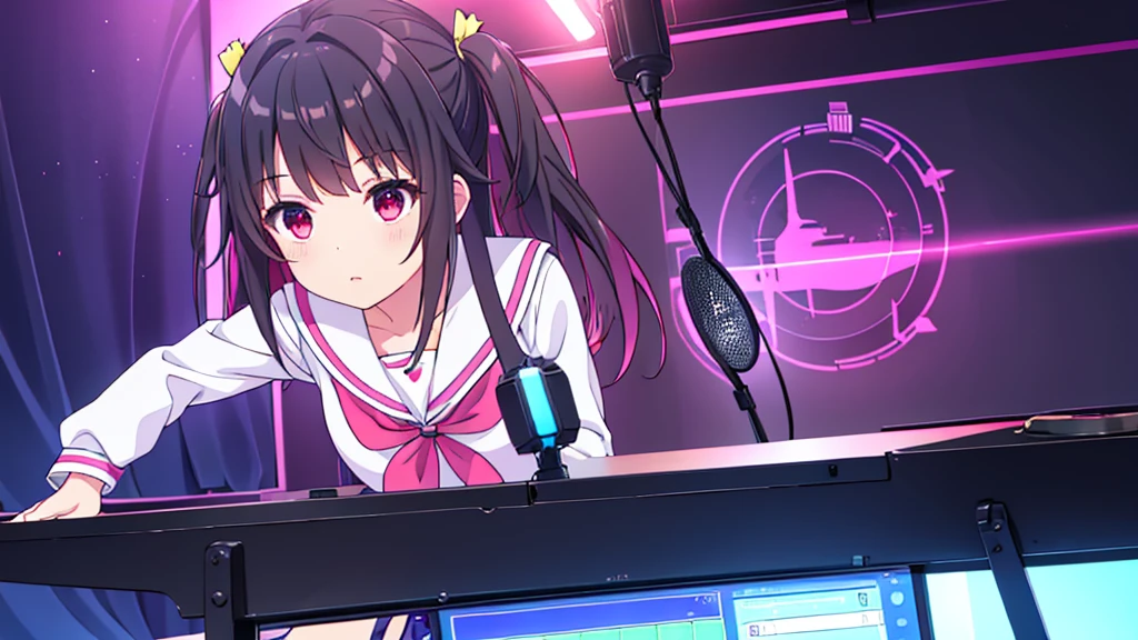 beautiful girl incredible quality 4k vtuber with red eyes black hair with pink ribbon short pleated skirt sailor style blouse long sleeve white long stockings pink tennis shoes with black vtuber youtuber in recording studio room pc gamer background with microphone and rgb cyberpunk LED lights 