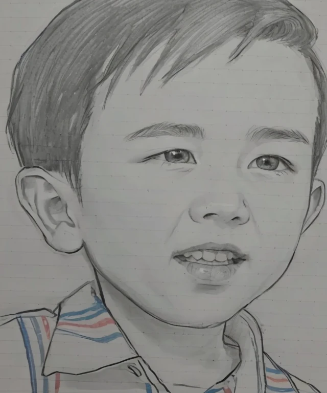 Close-up of a three-year-old boy&#39;s drawing, Close-up portrait, Detailed face of asian boy, a Pencil sketch, 中程度のClose-up portrait, Traditional Arts, Realism drawing, professional Portraiture, 伝統的なPortraiture, Portraiture, Traditional drawing style, Pencil sketch, loose Pencil sketch, 詳細なClose-up portrait, リアルなPortraiture, pencil on paper