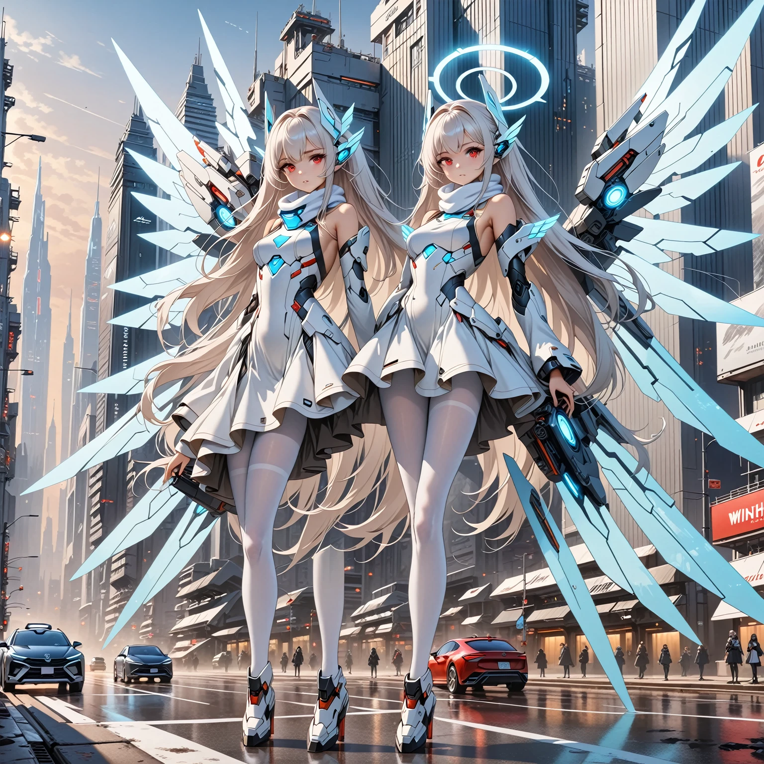 masterpiece, highest quality, highest resolution, clear_image, detailed details, white hair, long hair, 1 girl, car ears, red eyes, futuristic wings, futuristic halo, white sci fi mecha dress, white scarf (around the neck withn a light blue glow), white pantyhose, full body, no water marks, city