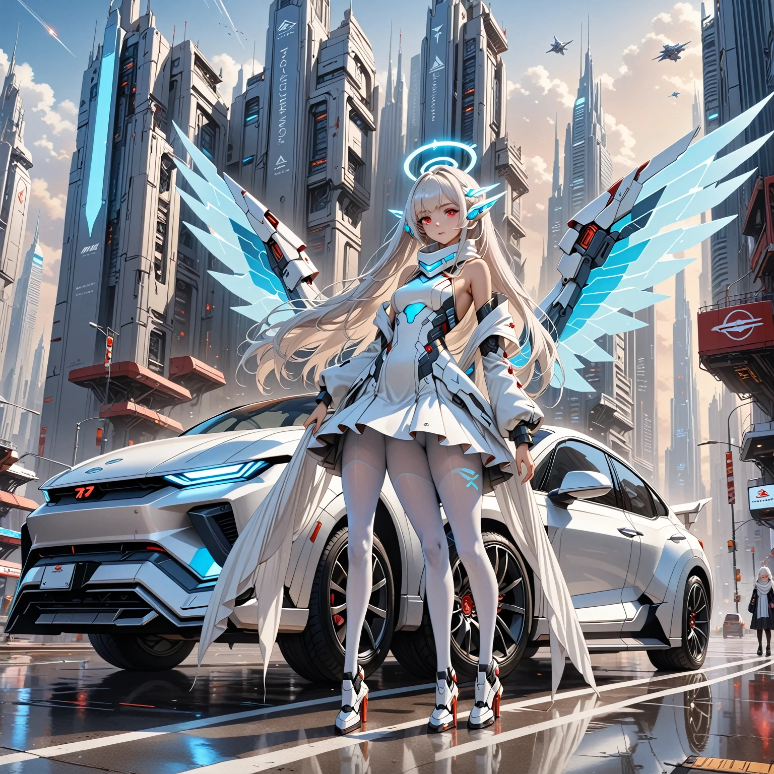 masterpiece, highest quality, highest resolution, clear_image, detailed details, white hair, long hair, 1 girl, car ears, red eyes, futuristic wings, futuristic halo, white sci fi mecha dress, white scarf (around the neck withn a light blue glow), white pantyhose, full body, no water marks, city