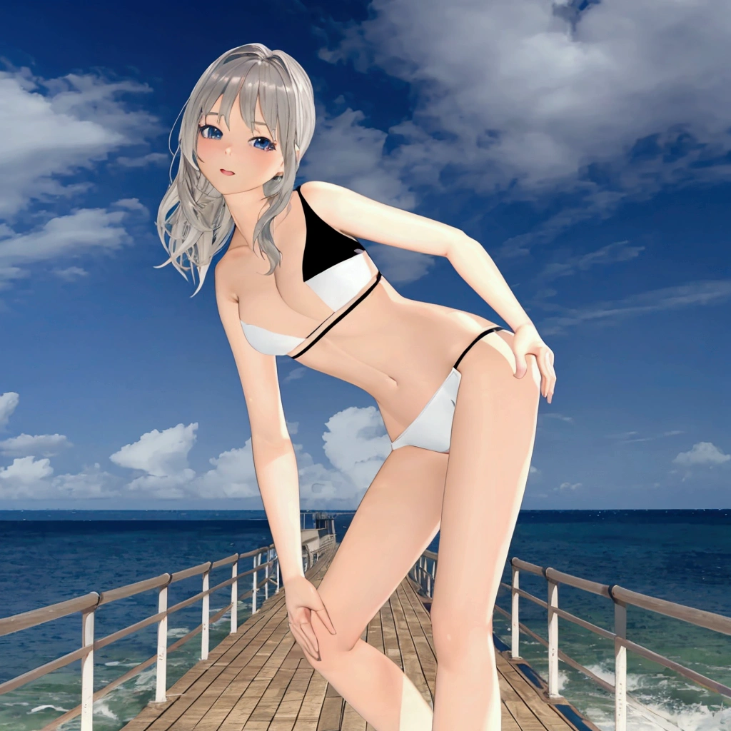 anime girl in a bikini on a pier by the ocean, realistic bikini, clothing: bikini, 3d anime girl, render of a cute 3d anime girl, Smooth anime CG art, Pause, , フルPause, Live2D Virtual Youtuber Model, in the sea, Wearing a swimsuit, 淫らなPause, ビーチでPauseをとる