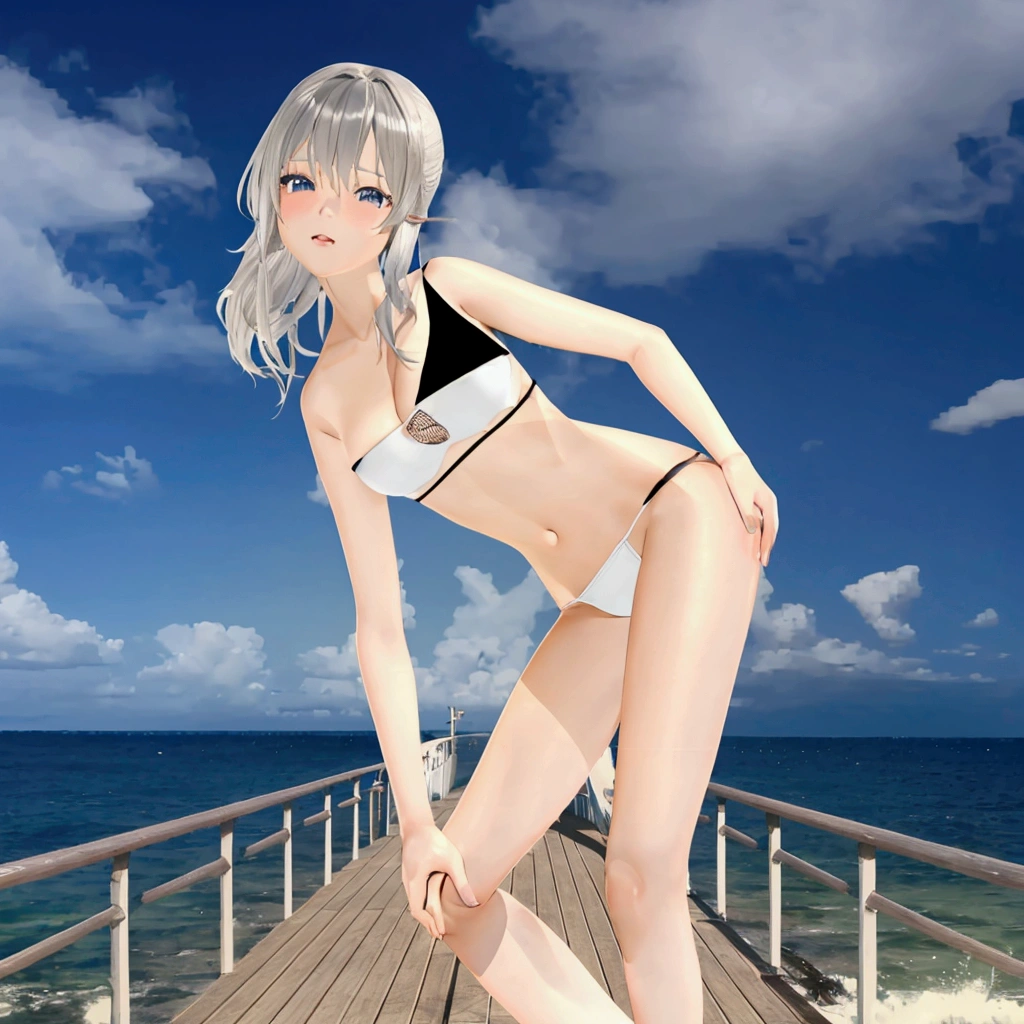 anime girl in a bikini on a pier by the ocean, realistic bikini, clothing: bikini, 3d anime girl, render of a cute 3d anime girl, Smooth anime CG art, Pause, , フルPause, Live2D Virtual Youtuber Model, in the sea, Wearing a swimsuit, 淫らなPause, ビーチでPauseをとる