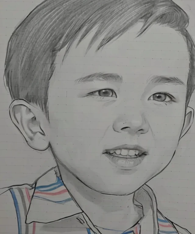 Close-up of a drawing of a boy wearing a tie, Close-up portrait, Detailed face of asian boy, a Pencil sketch, 中程度のClose-up portrait, Traditional Arts, Realism drawing, professional Portraiture, 伝統的なPortraiture, Portraiture, Traditional drawing style, Pencil sketch, loose Pencil sketch, 詳細なClose-up portrait, リアルなPortraiture, pencil on paper
