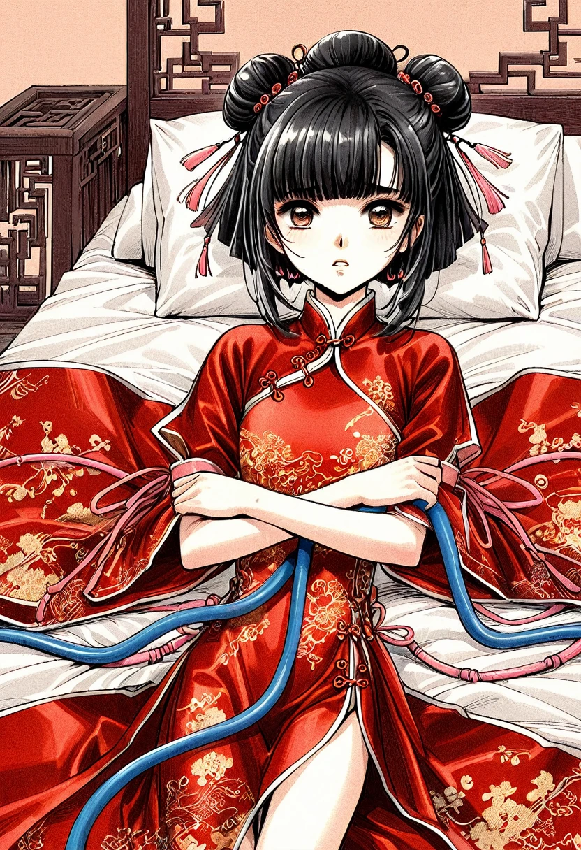 A tragic historical drama in 8k live-action style: Beautiful palace secrets　Beautiful  Chinese Kung Fu girl with long black hair　Gorgeous embroidery, Ultra glossy, She is wearing a shiny red top and bottom long sleeve floral pajama kung fu suit....　　She is laid down on a floral futon.　She spreads her legs wide and poops from her anus、Filth、A huge amount of poop drips out of her anus and pussy