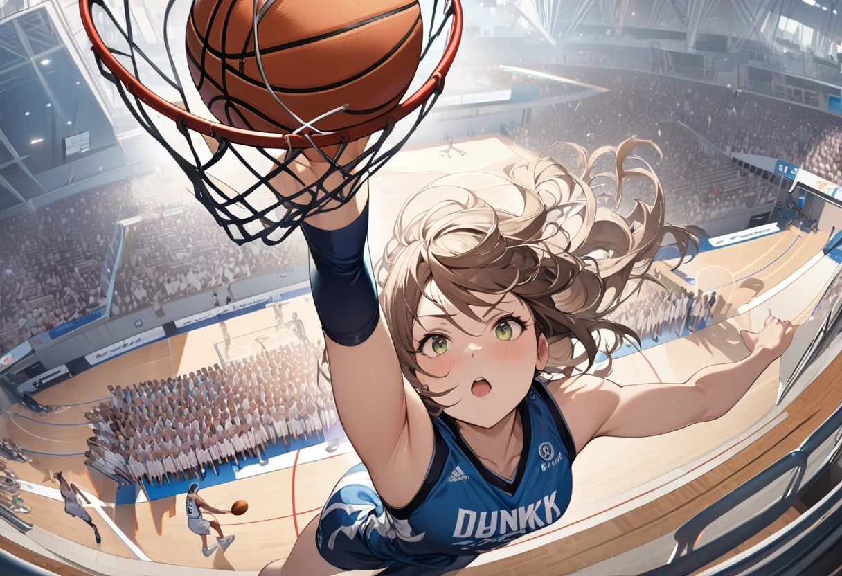 ((Masterpiece, top quality, high resolution)), ((highly detailed CG unified 8K wallpaper)), Women's basketball player, making a powerful dunk shot, seen from above, dynamic sports photo,