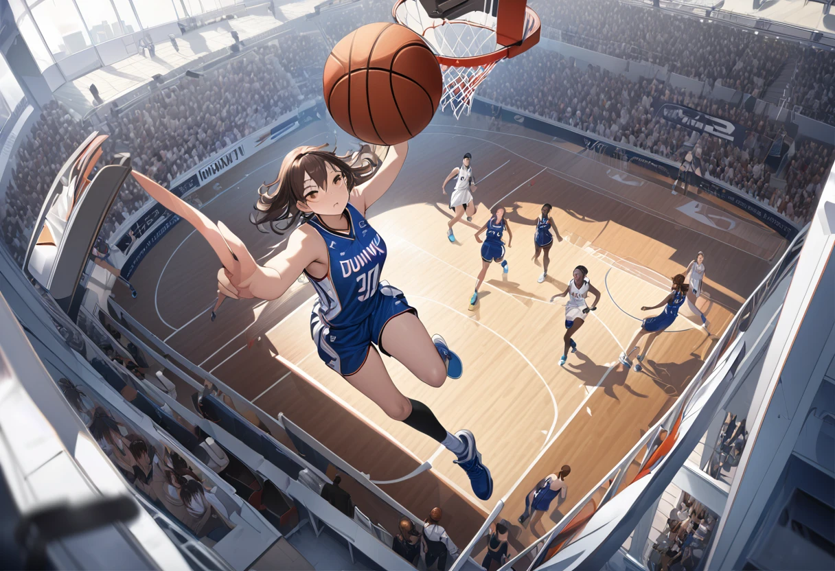 ((Masterpiece, top quality, high resolution)), ((highly detailed CG unified 8K wallpaper)), Women's basketball player, making a powerful dunk shot, seen from above, dynamic sports photo,