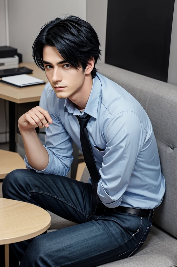 Create a 25 year old boy in anime style, not very high like 1.73m, with black hair that looks a little blue in the light, eyes a little blue, with work clothes and a look of not knowing what is happening sitting as if he had fallen 