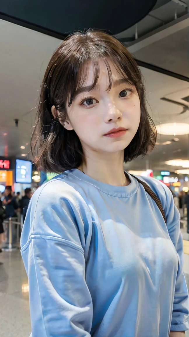 realistic photos of Korean female, crossed bangs, slightly smile, t-shirt, in the airport, pov, Eye-Level Shot, blurry, UHD, masterpiece, highres, 16k  