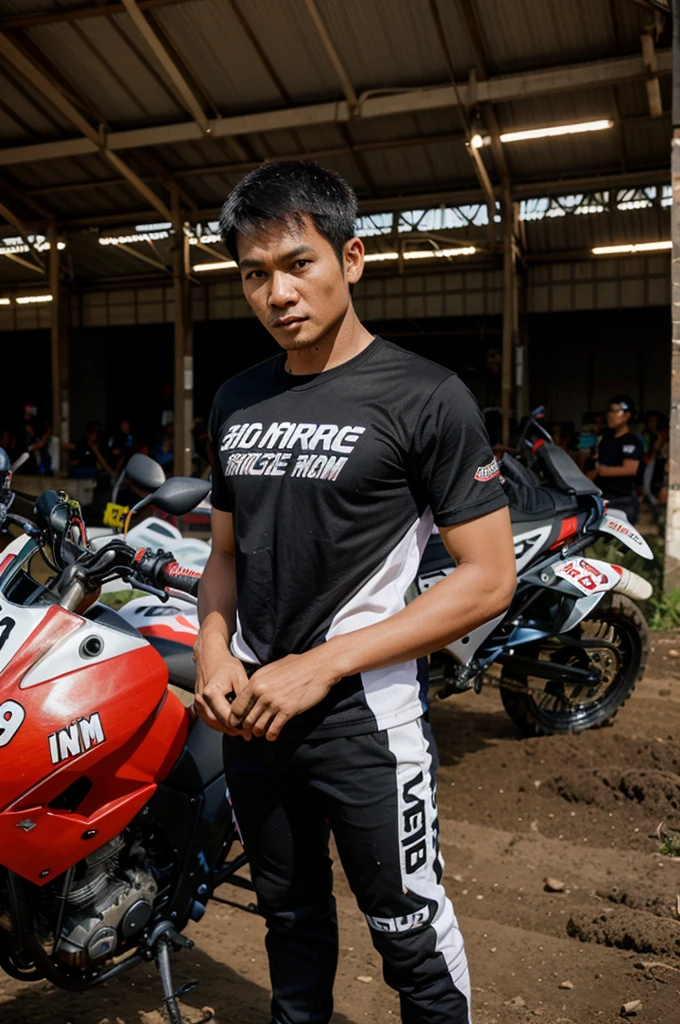 Indonesian Man Caricature, black t-shirt that says "borneo", Motocross Racing Costume, Standing Next to a Motorbike on the Motocross Circuit, Visitors Watching His Appearance on the Grandstand, Motocross Circuit Arena Setting, anime