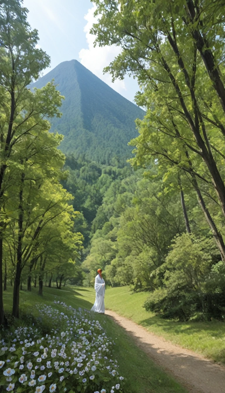 Generate highly detailed and captivating images of Yamahime, the mountain spirit from Japanese folklore. Yamahime is depicted as a beautiful woman, dressed in traditional Japanese clothing, with her long flowing hair adorned with flowers and leaves. Set the scene in a lush mystical mountain landscape with towering trees, blooming flowers, and quietly flowing streams. The atmosphere is serene and magical, with soft sunlight filtering through the trees and a thin layer of mist adding to the dreamy atmosphere. Yamahime's expression is gentle and friendly, embodying the spirit of nature and the mountains. The overall atmosphere is peaceful and otherworldly, capturing the enchanting essence of Yamahime.