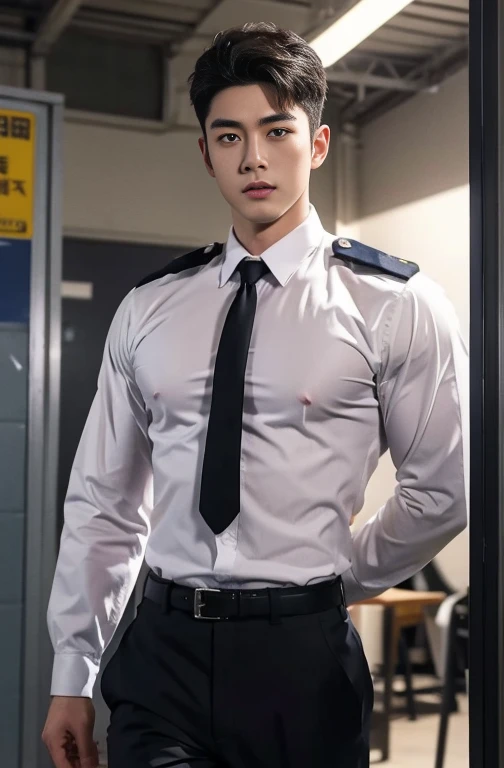 1 handsome Asian guy，27岁policeman，arafed male police 官 in  walking down a hallway, , wearing a sexy police outfit ,  kinky police ,  open outfit: police expose the penis , , majestic，Who is Shi Yu?, Li Yuanbin, Kim Hyung Tae, Kim Hyung Tae, Yin Shishan, Handsome Asian muscular guy，Broad shoulders and narrow waist，A handsome guy in police uniform，Form-fitting fabric contours the bust，in a remote warehouse，hands tied behind back，Hands tied behind the back，hands tied behind back，Masculine and sexy，High，Muscles look good，hairy body，Wheat complexion，black eyes（thin eyes 1：3），whole body image, huge penis, manly penis