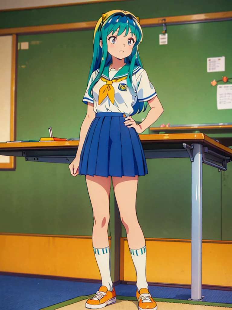 masterpiece, Highest quality, 1 Girl, Lum, Sailor suit, Summer clothes, Navy Blue Skirt, uniform, anime, Charm, 18-year-old, sexy, Stand with your feet apart, Japan, High definition, From before, classroom, Green Hair, Cowboy Shot, smile, Yellow neckerchief, 1980年代animeスタイル, White socks, Orange sneakers