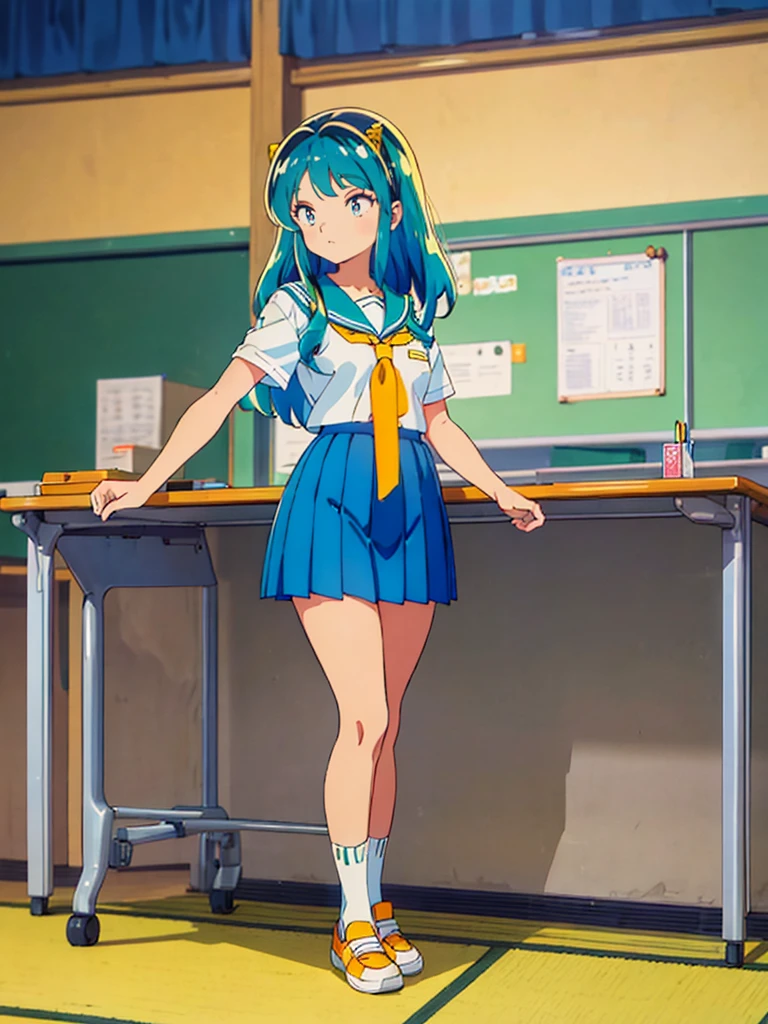 masterpiece, Highest quality, 1 Girl, Lum, Sailor suit, Summer clothes, Navy Blue Skirt, uniform, anime, Charm, 18-year-old, sexy, Stand with your feet apart, Japan, High definition, From before, classroom, Green Hair, Cowboy Shot, smile, Yellow neckerchief, 1980年代animeスタイル, White socks, Orange sneakers
