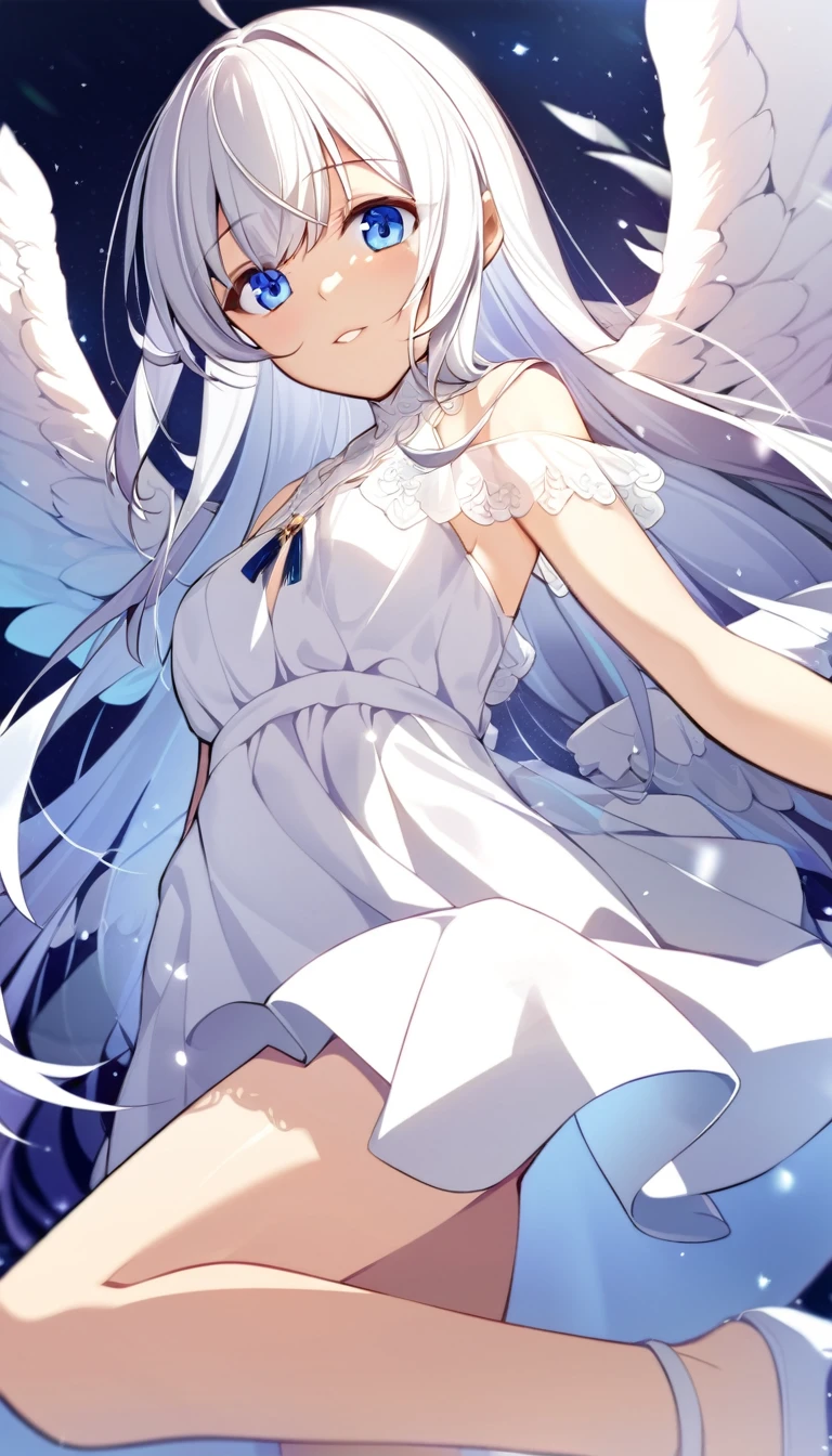 one girl, angel, white hair, light blue eyes, white dress, cheerful, angel wing, sacred, girl focus