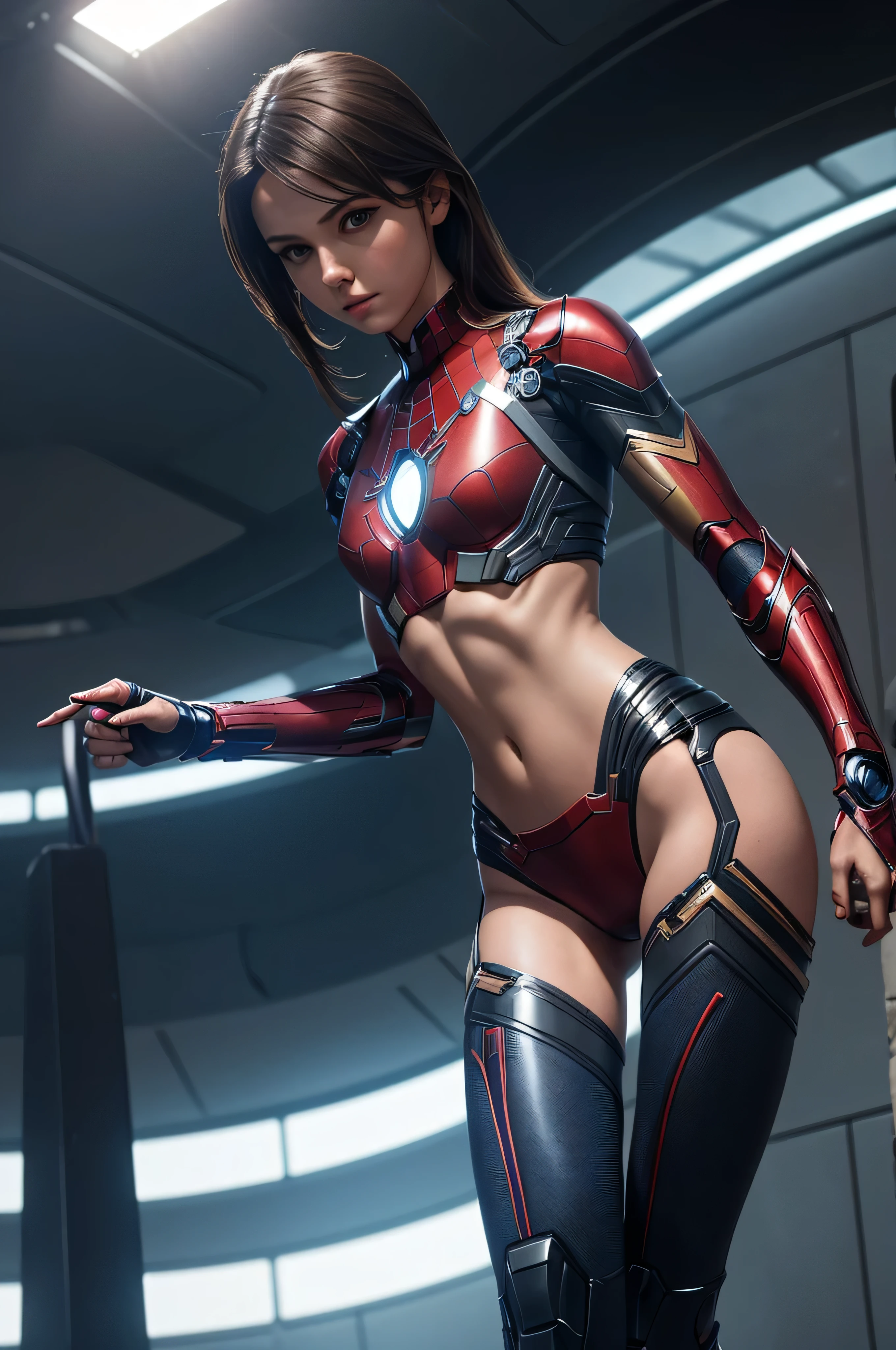 ((masterpiece, 8K, 3D, Realistic, Super Detail)), (1girl:1.3), slender age, Ultra Micro photography, Melissa Benoist Super realistic, Perfect face, 16K resolution, 4k resolution, The photo was taken from the Front, facing to the photographer, Foreground photo, dynamic lighting, posing on a pedestal, high-definition resolution, Beautiful features, ((Perfect female Model Slim body)) Beautiful features, Standing pose, ((small hip)), (((2 piece Hotpants-Bikini))), Sci-fi futuristic, ((Iron man armor)) ((bionic Fragmented Super Girl chest armor suit)), ((Exposed slim thighs)), wear mesh metal-stockings, ((slim thighs)), ((bionic Slim thighs Spider man armor)), Front Full body Shot, full body portrait, perfect legs, Iron Man shoes, futuristic city background