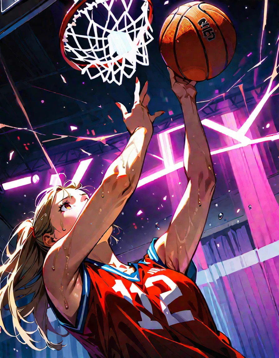Young beautiful woman,(Highest quality,Extremely detailed depiction,Incredibly absurd high resolution,Anatomically accurate depiction,SFW),(Glowing Skin,Shiny skin,Sweat),basketballの選手,basketballのユニフォーム,basketball,A spectacular dunk shot,The winning goal,background:basketballの試合中,From below:1.3
