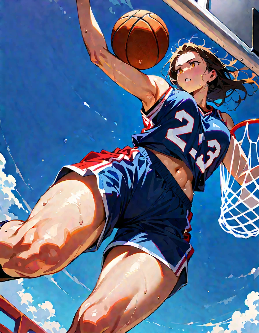 Young beautiful woman,(Highest quality,Extremely detailed depiction,Incredibly absurd high resolution,Anatomically accurate depiction,SFW),(Glowing Skin,Shiny skin,Sweat),basketballの選手,basketballのユニフォーム,basketball,A spectacular dunk shot,The winning goal,background:basketballの試合中,From directly below:1.3