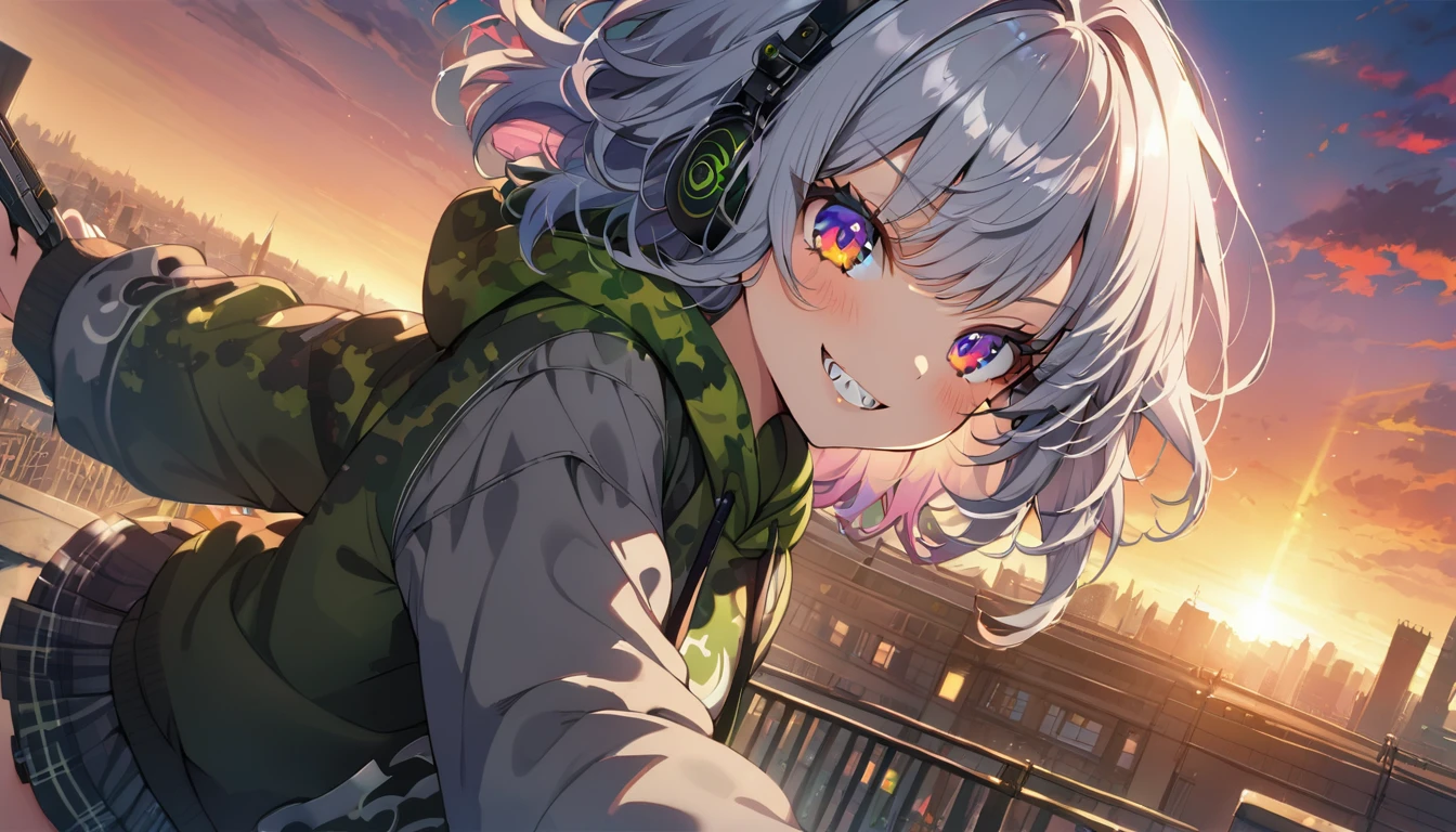 ((Masterpiece)), ((best quality)), (Anime:1.3), (super detail:1.2), (High Definition:1.3), (Professional Photography:1.3), cute young Girl, Glossy unruly hair, (loose swept bangs), (silver ash hair), medium hair, big eyes, (Eye bags:1.3), (Long eyelashes), colorful eyes, (holding handgun:1.3), (jumping), Glossy lips, (jagged teeth), (evil smile and blush), ((Camouflage hoodie with oversized)), mini skirt, (upper body:1.3), wind, barearms, cute, (colorful:1.3), gothic makeup, sunset, (wearing headphone), pretty, Celtic, maniac, (at the roof of the building), (dutch angle:1.3),