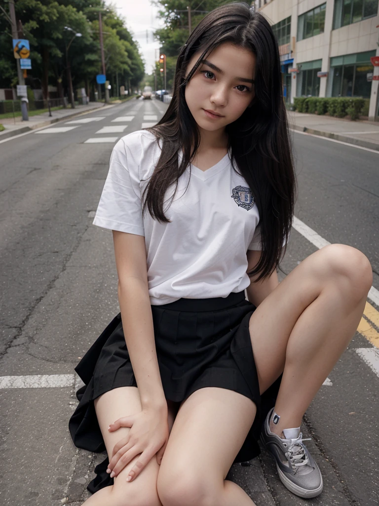 A -yeld sing on the road wearing a school skirt、Medium breasts、spread legs、Sexy moves、long black hair、looking at the audience