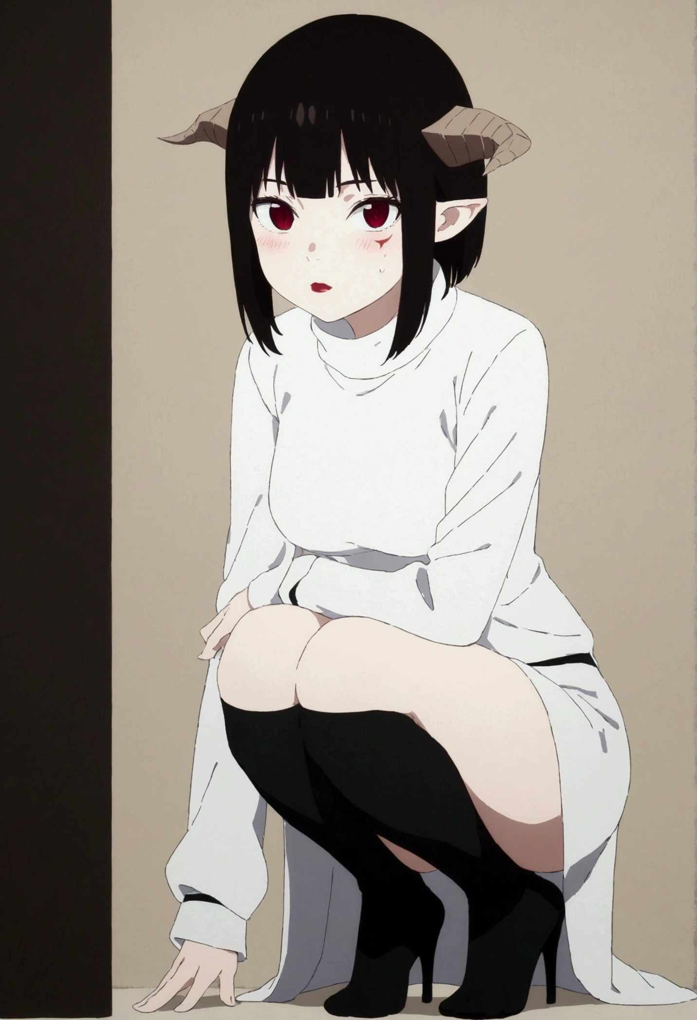 (work of art, ultra detali,high resolution,8K), 1 girl ,standing alone,hinterland,Look to viewer, TochaTortura, trunk,sheen,brunette skin,crouched,,black socks,horns on head,He would be,face red,blushed,on his knees,White sweater
