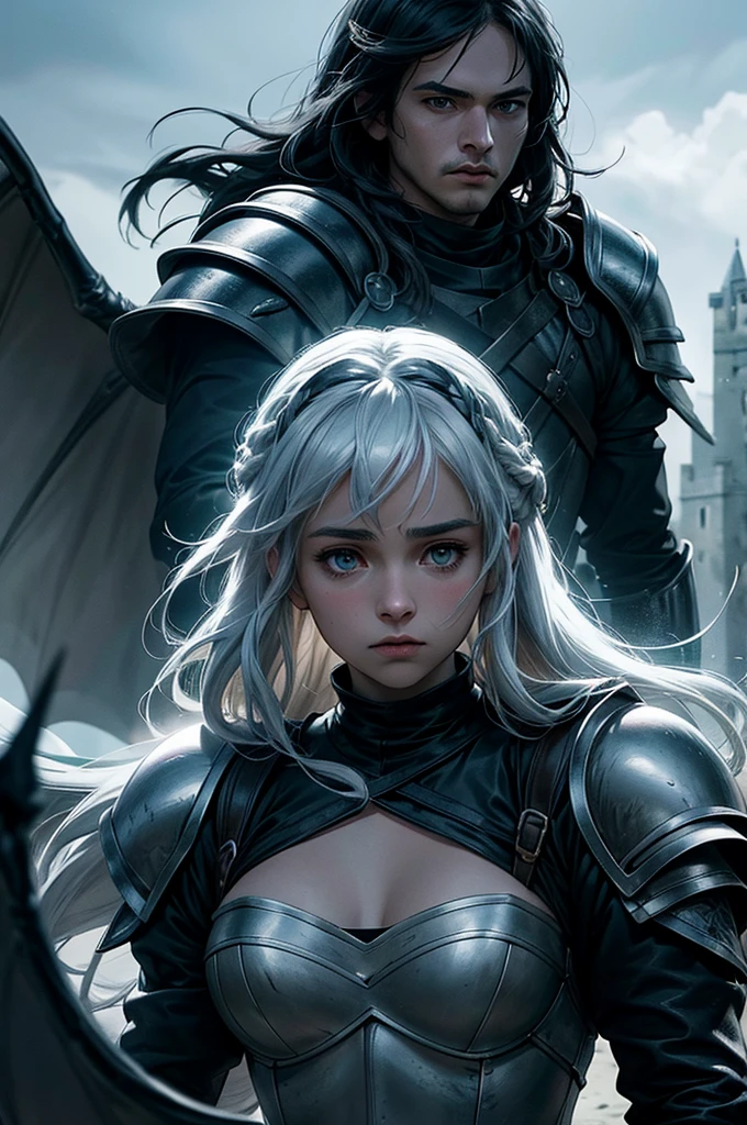 Game of Thrones anime-style battle scene, Daenerys Targaryen, Jon Snow, Arya Stark with exaggerated anime expressions, stylized proportions, illustrated amidst dragons, White Walkers, epic castles, walking dead, dynamic anime action lines, vibrant, detailed character costumes, weapons, armor with cell-shading, saturated color palette, anime visual effects like chibi versions, dramatic lighting, cinematic