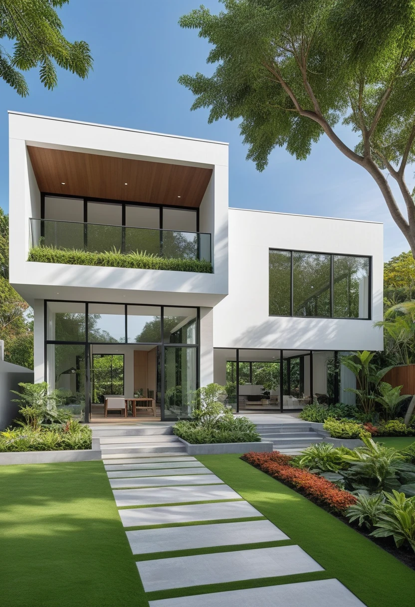 A hyper-realistic image of a modern two-story house with a minimalist design, featuring a combination of white and glass materials. The house has a flat roof, large floor-to-ceiling glass windows, and a spacious front yard. The entrance is flanked by lush greenery and well-maintained garden paths with concrete pavers and grass. The garden includes various tropical plants and trees. The overall ambiance is serene and contemporary, with detailed textures and realistic lighting, shadows, and reflections. The colors are bright and clean, showcasing the beauty of the materials and the surrounding garden environment. The lighting gives a vibrant midday feel.
