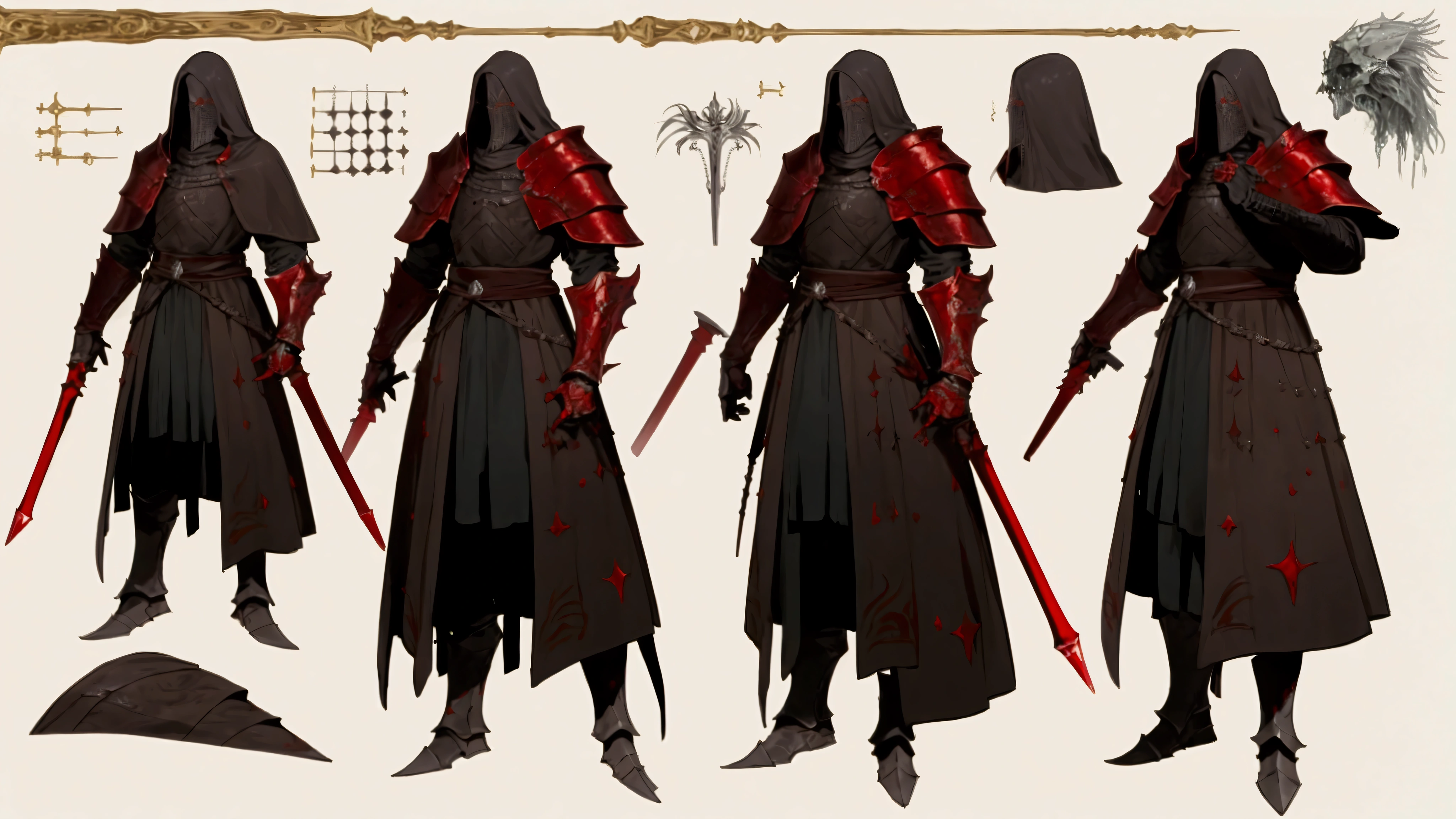 elden ring, dark souls, concept art sheet, items, weapons: A starved king who wields steam wears red armor and adorns a mask to cover his face